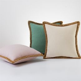 2 pcs Cotton Linen Cushion Covers 45x45cm/30x50cm Pillow Case Covers Solid Pink Mint Blue Ivory Grey for Home Decorative Linen Fringe 210401
