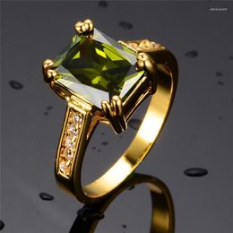 Wedding Rings Luxury Female Olive Green Crystal Ring Yellow Gold Thin For Women Vintage Square Zircon Stone Engagement Edwi22