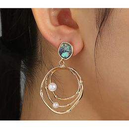 Vintage Metal Irregular Round Drop Earrings For Women Boho Simple Natural Shell Pearl Earrings Summer Beach Accessories