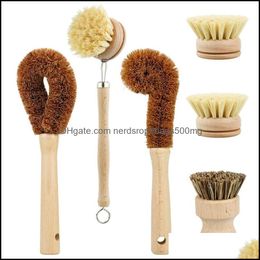 Cleaning Brushes Household Tools Housekee Organization Home Garden 6Pcs/Set Wooden Dish Pan Brush Natural Set For Vegetable Bottle Kitchen