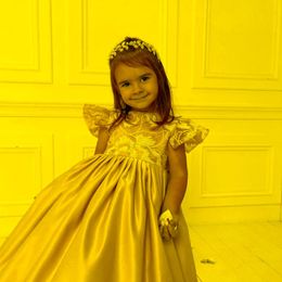 Girl's Dresses Champagne Sequined Flower Girl Bow Ball Gown Floor Length Custom Made Baby Festival Birthday DressGirl's