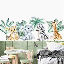 Cartoon African Animals Lion Tropical Leaves Watercolor Nursery Wall Sticker Peel and Stick Wall Decals Kids Room Home Decor 220613