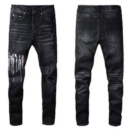 Jeans skinny pretos Strelth for Mens Biker Slim Knee Ripped com spray de orifício na letra Man Man Pant Splash Designer Distrito Motor Fit Fit Long Zipper Hip Hop
