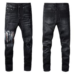 Svart mager jeans sträcka för mens cyklist smala knä rippad med hålspray på bokstaven måla man pant stänk designer nödställd motor passar lång rak dragkedja hiphop