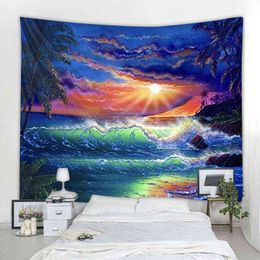 Beach Landscape Psychedelic Abstract Tapestry Art Deco Blanket Curtain Hanging Home Bedroom Decoration Polyester Hippie J220804