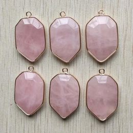 Pendant Necklaces Natural Roses Quartz Stone Section Shield Shape Golden Connector Pendants For Jewellery Making Wholesale 6pcs/lotPendant