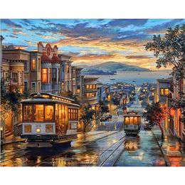 Painting By Numbers DIY Drop 50x65 60x75cm Night street retro bus Landscape Canvas Wedding Decoration Art picture Gift LJ200908