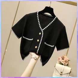 Korean Knitted Cardigan Women VNeck Thin Top Fashion ShortSleeved Short Coat Loose Crop Tops Summer Tee Shirt Ropa Mujer 220707