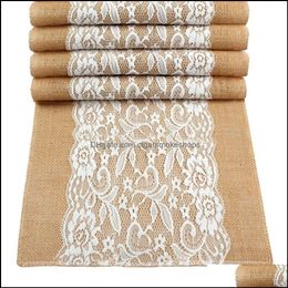 hessian table UK - Vintage Lace Hessian Burlap Table Runner 12 X 42 Inch Natural Jute Country Wedding Party Decoration Drop Delivery 2021 Event Supplies Fest
