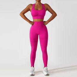 Summer Seamless Yoga Suit Outfit Womens High Waist Hip Lift Shockproof Back Fitness Suit Running Sports Suits