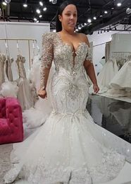 Plus Size Arabic Aso Ebi Luxurious Mermaid Crystals Wedding Dress One Shoulder 3D Floral Lace Bridal Gowns Dresses 407