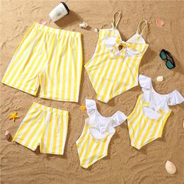 Yellow Stripe Family Matching Swimwear Women Kids Baby Girl Swimsuit Men Shorts Bathing Suit Mommy Me One peace Beachwear 220531