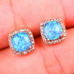 Stud Cute Boho Female Blue Fire Opal Stone Earrings Fashion Rose Gold Wedding Jewellery Korean Style Double For WomenStud