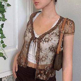 Brown Vintage Y2K Lace Crop Top Short Sleeve See Through Sexy Mesh Woman Tshirts V Neck Up Floral Kawaiis Clothes Women's Tanks & Camis
