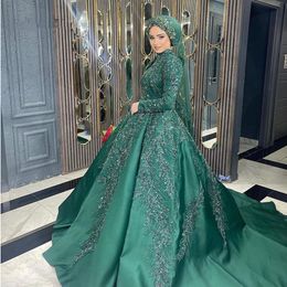 Muslim Green Evening Dresses Ball 2022 Beaded Crystal Formal Prom Party Gowns for Dubai Women Custom Made Robe De Soiree