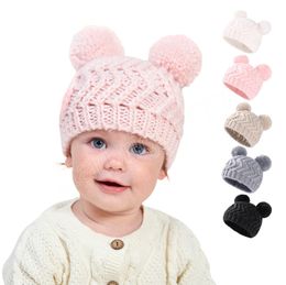 Solid Color Jacquard Knitted Baby Beanie Cap Cute Double Hairball Infant Newborn Hat Outdoor Autumn Winter Children Warm Pompom Cap