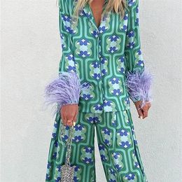 Women Floral Print Cuff With Feathers Blouses Wide Leg Pants Suits Vintage Button Up Shirts Female Trousers Sets Outfits 220621