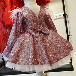 Rose Gold Sequined Flower Girl pink ballroom gown with Feather Accents and Long Sleeves - Perfect for Little Kids' Birthdays, Pageants, and Weddings