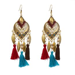 Retro Long Alloy Earrings Women Indian Jhumka Round Compass Dripping Oils Tassel Crystal Dangle Earrings Bohemian Boho Jewellery