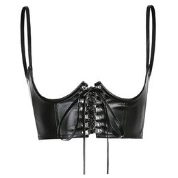 Women Fashion Sexy PU Leather Corset Goth Punk Lace Up Bandage Black Bustier Streetwear Underbust Support Braces Shaper Top 220524