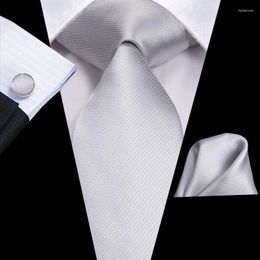Bow Ties Silver Gery Solid Silk Wedding Tie For Men Handky Cufflink Gift Mens Necktie Fashion Designer Business Party Dropshiping Hi-Tie Fre