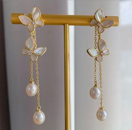 7-8mm Shell Butterfly tassels Stud Dangle & Chandelier Freshwater pearl Earrings white Lady/girl Fashion Jewellery
