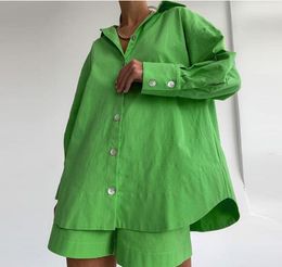 TiulZial Casual Women's Tracksuits Loungewear Two Piece Women Outfits Oversized Long Shirt And High Waist Shorts Green