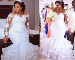 Gorgeous Long Sleeves Mermaid Wedding Dresses Bridal Gown Plus Size Ruffles Custom Made Sweep Train Lace Applique Vestidos De Novia Mariee 2022