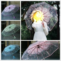 Transparent Umbrellas Protect Against Wind Rain Cherry Sakura 3 Fold Pvc Girl Umbrella Portable Cute Household Gear 220426