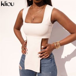 Kliou Solid Top Short Women Skinny Sleeveless X-Long Cleavage Square Collar Summer Fashion Hipster Casual High Streetwear 220325