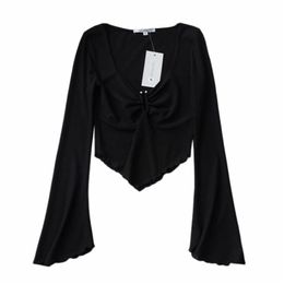 Summer retro threaded trumpet sleeves micro-beam corset V-neck T-shirt women, sexy fungus pleated short top T-shirt women 220510