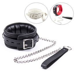 Faux Leather Padded Dog Slave Neck Collar Lockable BDSM Bondage Choker with Leash Chain Fetish Adult sexy Toys for Women Men