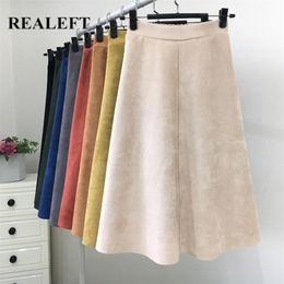 REALEFT Autumn Winter Women Suede Midi Skirts High Waist Multi Colour Elegant A-Line Umbrella Ladies Skirt Female 220401