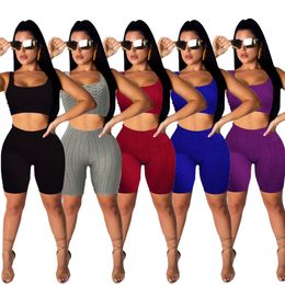 Womens Two Piece Set Tracksuits Yoga Suits Jacquard Sleeveless Tank Top + Knee Length Pants Outfits for Gym Fitness Jogging Lady Sports Wear