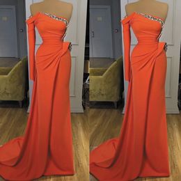 one shoulder beaded red evening prom dresses long 2021 elegant dubai fashion modest prom gowns robe de soiree 2022