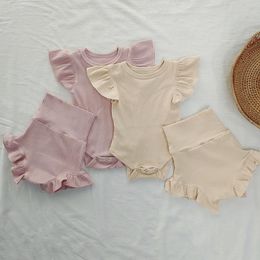 Clothing Sets Baby Girl Summer Solid Knitted Cotton Wood Ear Vertical Strip Flying Sleeves Bodysuit Simple Comfortable Shorts Set 2pcClothin