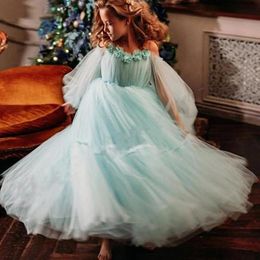 Girl's Dresses Puffy Flower Girl Dress Beading Floral Sheer Neck Wedding Party Little Princess Birthday Long SleeveGirl's