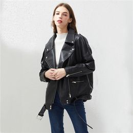 Fitaylor PU Faux Leather Jacket Women Loose Sashes Casual Biker Jackets Outwear Female Tops BF Style Black Leather Jacket Coat 201214