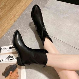 BootsWomen Leather Mid Calf Boots Casual Slip on Autumn Winter Wedge Long Boots Fashion Pleated Pointed Toe Black High Boots Female G220813