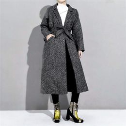 LANMREM Antumn Winter Herringbone Casual Open Stitch Pockets Wide-waisred Mid-calaf Loose Coat Woman Overcoat EF443 201222