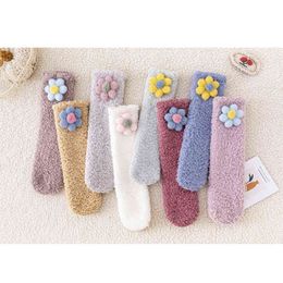 Toddler Baby Girl Warm Socks Flower Elastic Tutu Socks Infant Plush Thickened Medium Length Breathable Keep Warm Floor Stockings J220621