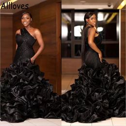Denizkızı fırfır organza etek Afrika gece elbise bir omuz payetleri boncuk artı boyut siyah balo parti elbiseleri pileler ikinci resepsiyon elbise vestidos cl0472