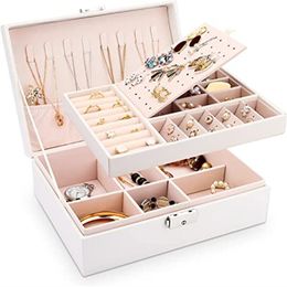 Double Layer Jewellery Box PU Leather Organiser Display Boxes Travel Jewellery Storage Case Large Space Holder for Rings Earrings Necklaces