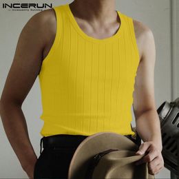 Summer Men Tank Tops Solid Colour O-neck Sleeveless Skinny Streetwear Folds Vests Cotton Casual Men Clothing S-5XL INCERUN