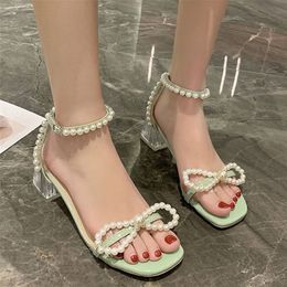 Rimocy Pearl Ankle Strap Clear Heels Sandals Women Summer Transparent PVC Sandalias Mujer Open Toe Square Heels Party Shoes 220516