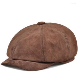 Berets Suede Octagonal Hat Men England Male Spring Winter Real Leather Beret Caps Sboy 1 Buttons Casual Streetwear Peaked BonnetBerets Wend2