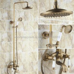 Bathroom Shower Sets Antique Brass Rainfall Set Faucet Tub Mixer Tap Ceramic Hand With Slide Bar Wall Mounted Krs163Bathroom