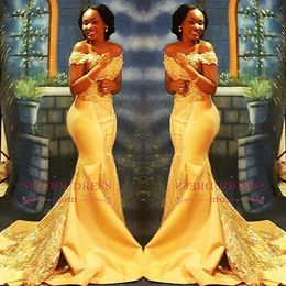 2023 African Nigerian Yellow Mermaid Prom Dresses Off Shoulders Lace Sequined Satin Evening Prom Gowns BA8405 GB1109S