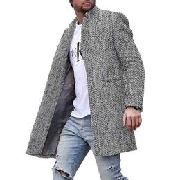 Men's Wool & Blends Fashion Men Woollen Coat Windbreaker Mid-long Solid Colour Suit Collar Jacket Long Warm Sleeve Cardigan Overcoat Top T220810