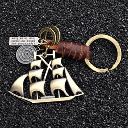 Keychains Vintage Leather Bronze Sailboat Keychain Creative Model Key Chain Ornaments Smooth Sailing Jewelry GiftsKeychains Fier22